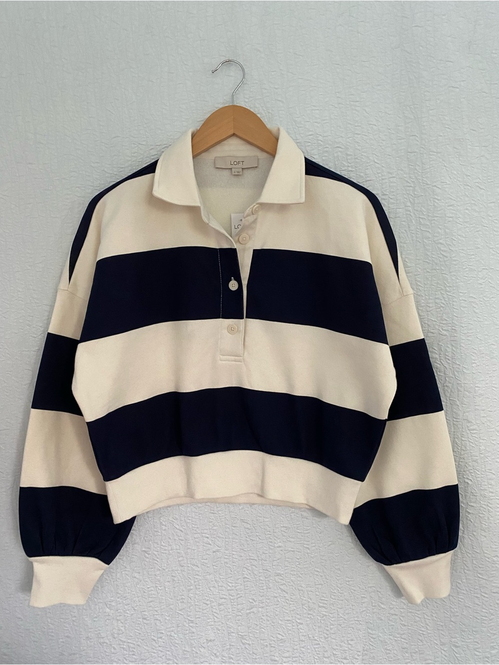 LOFT Striped Cropped Rugby Polo Sweatshirt in Navy and Cream NEW